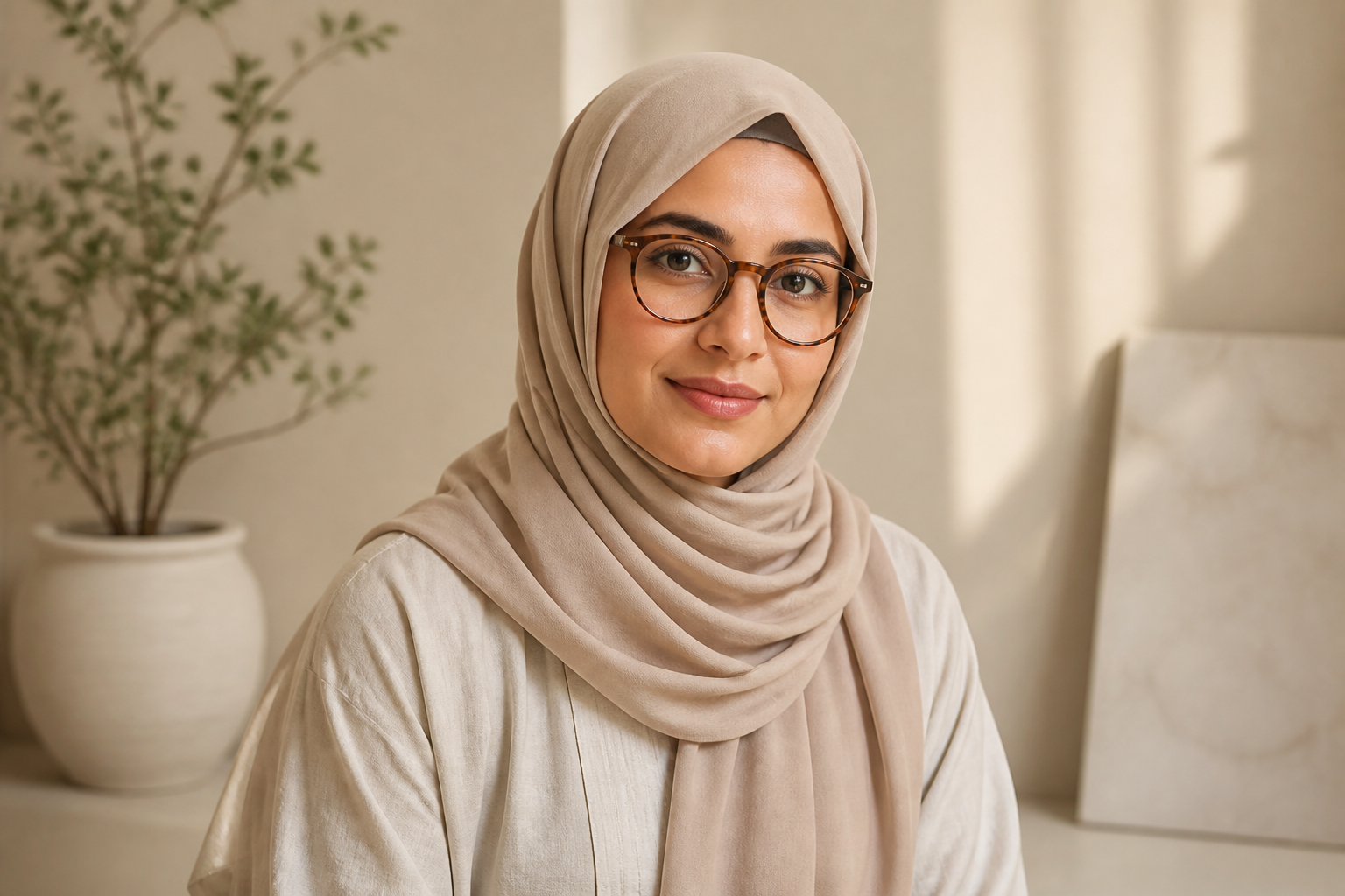 Hijab-wearing model in round Aham eyeglasses